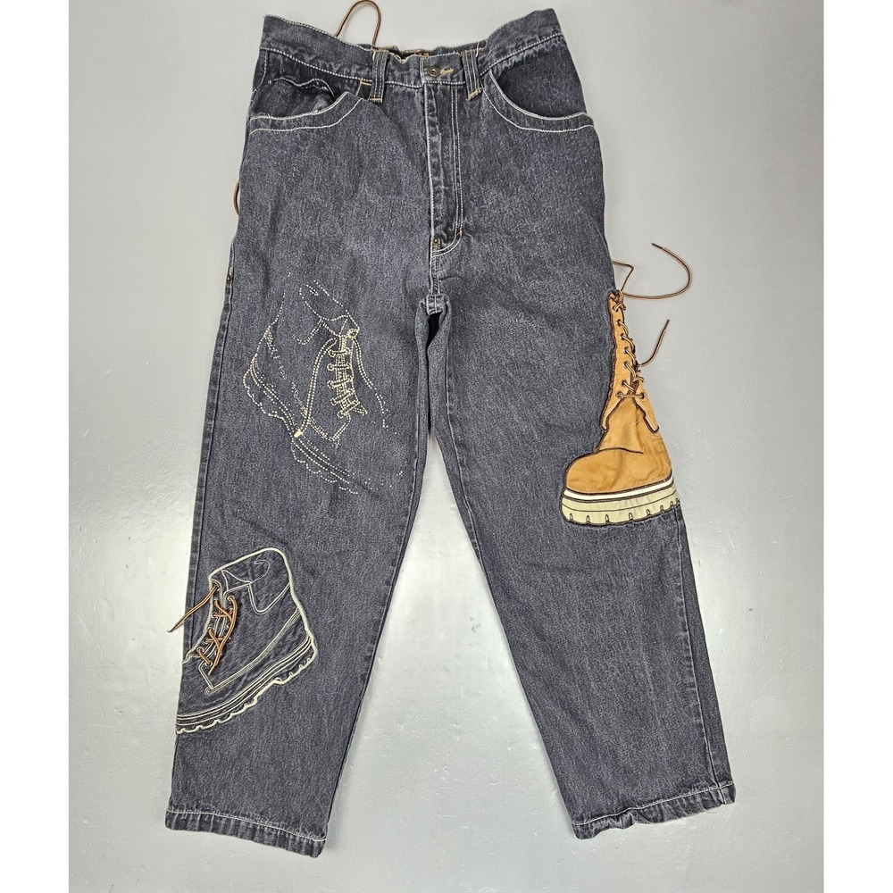 Vintage Raw‎ Blue Jeans Mens Size 32x32 Black Denim Embroidered Timbs Y2k Baggy